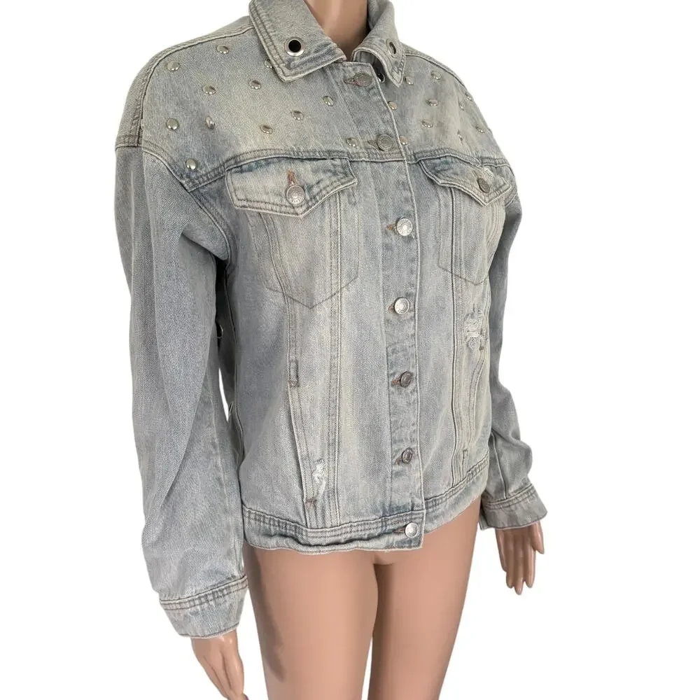 Upcycled Denim Jacket M Angel Cherub Grommet Stud Celestial Punk Boho Retro Blue - Picture 7 of 13